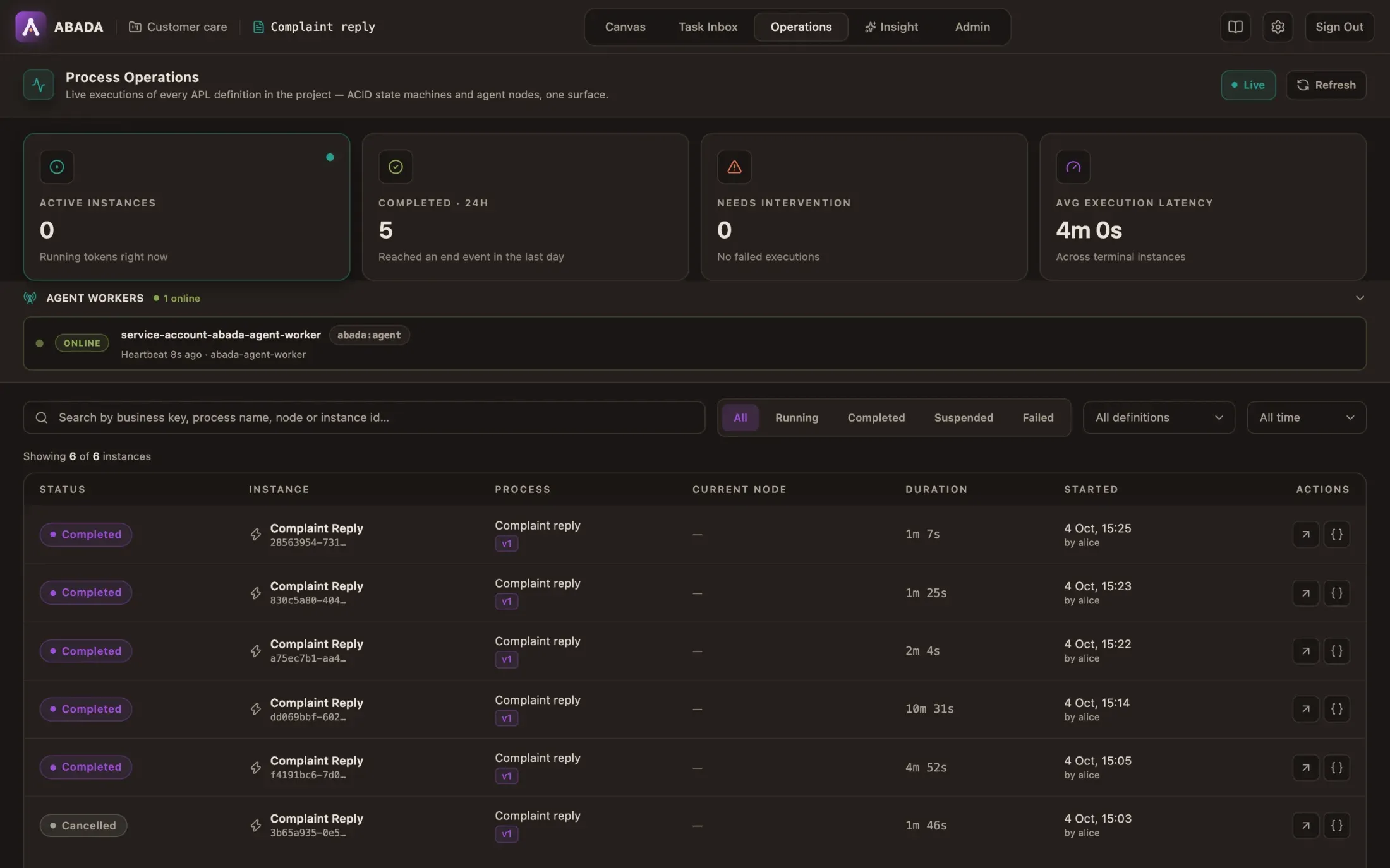 Operations: instance counters, the agent worker online, and the instance list with status, process, version, duration and starter